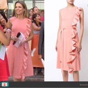 ALTUZARRA LAVINIA PLEATED-TRIM MIDI DRESS WITH BELT, PINK IN FLAMINGO